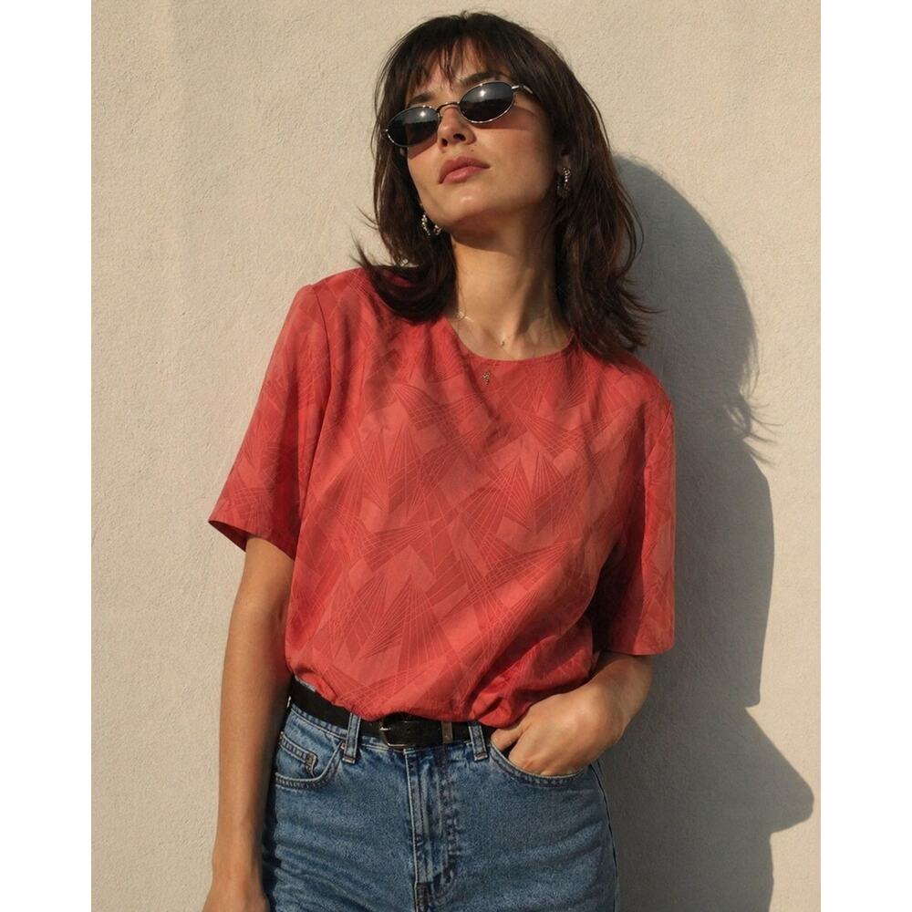 Vtg 90s Laura & Jayne Pink Geometric Silk Blouse Shirt Women's S Short Sleeve